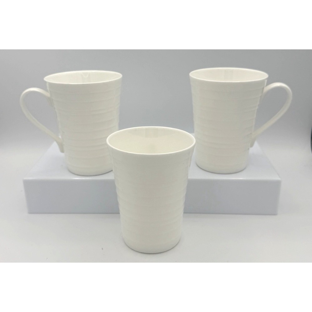 3 Mikasa Bone China Mugs Ciara Swirl White Ribbed 4.5" 12oz EUC